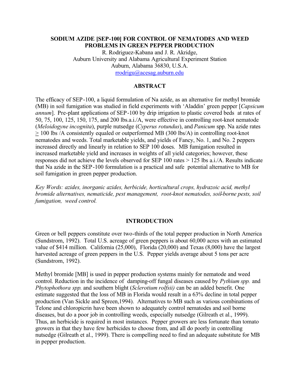 Sodium Azide [Sep-100] for Control of Nematodes and Weed Problems in Green Pepper Production R