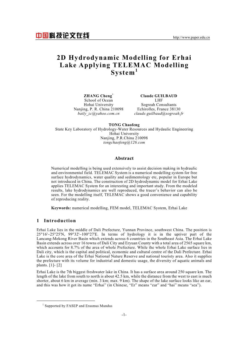 2D Hydrodynamic Modelling for Erhai Lake Applying TELEMAC Modelling System1