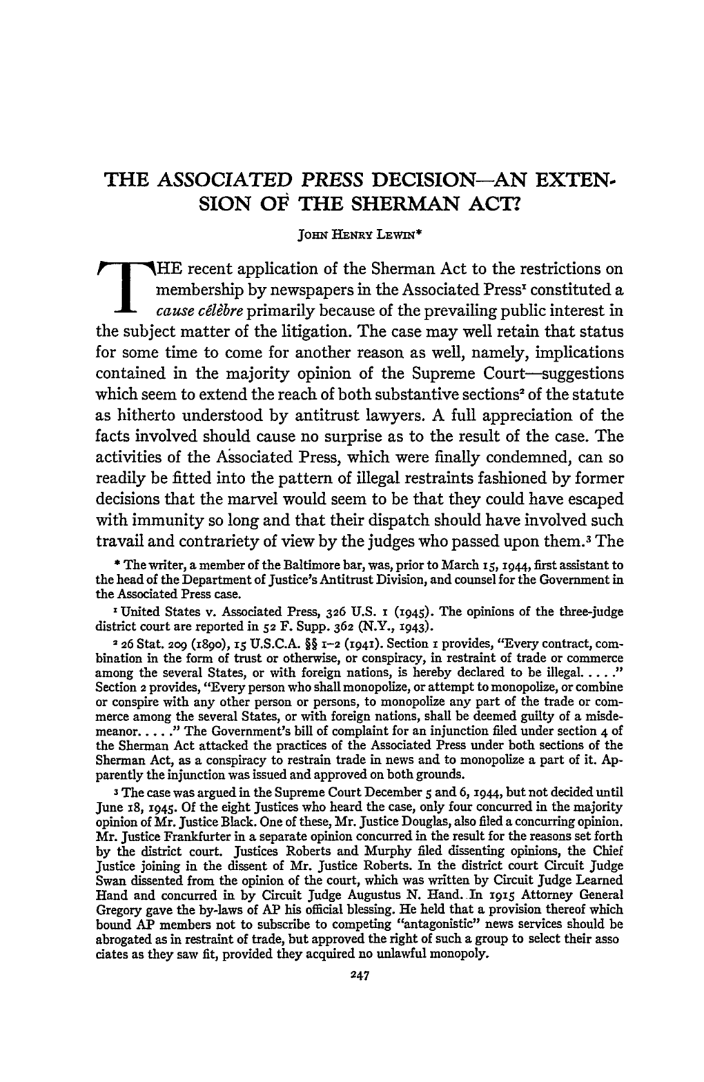 The Associated Press Decision: an Extension of the Sherman Act?