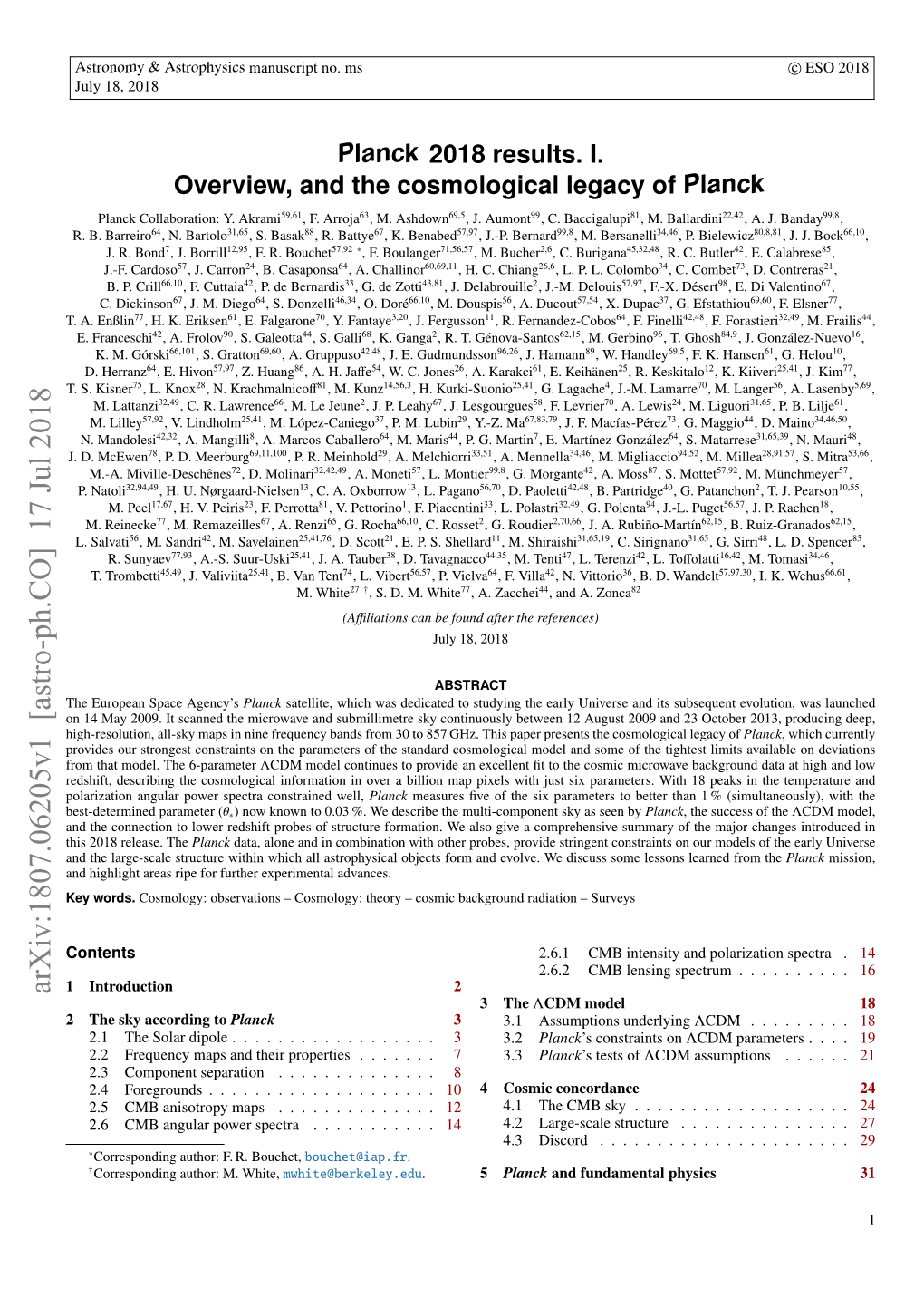 Arxiv:1807.06205V1 [Astro-Ph.CO] 17 Jul 2018 1 Introduction2 3 the ΛCDM Model 18 2 the Sky According to Planck 3 3.1 Assumptions Underlying ΛCDM