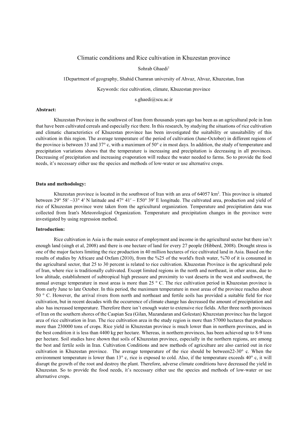 Climatic Conditions and Rice Cultivation in Khuzestan Province