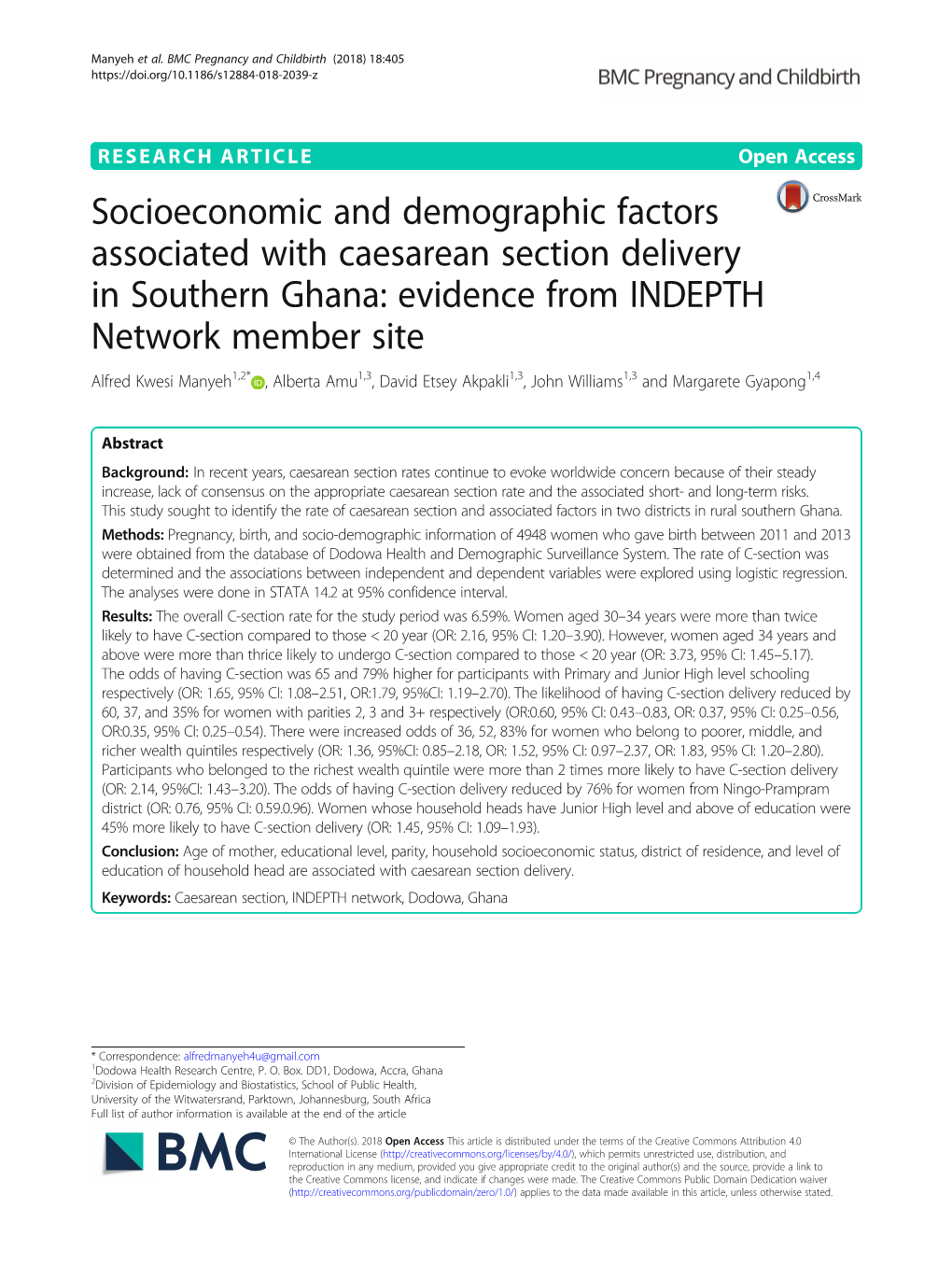 Socioeconomic and Demographic Factors Associated with Caesarean