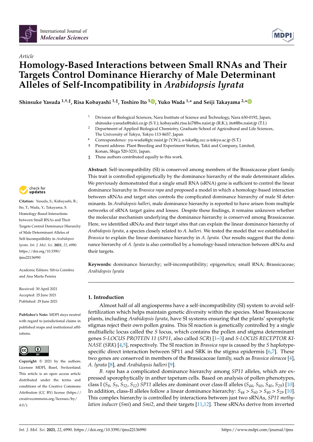 Homology-Based Interactions Between Small Rnas and Their Targets Control Dominance Hierarchy of Male Determinant Alleles of Self-Incompatibility in Arabidopsis Lyrata