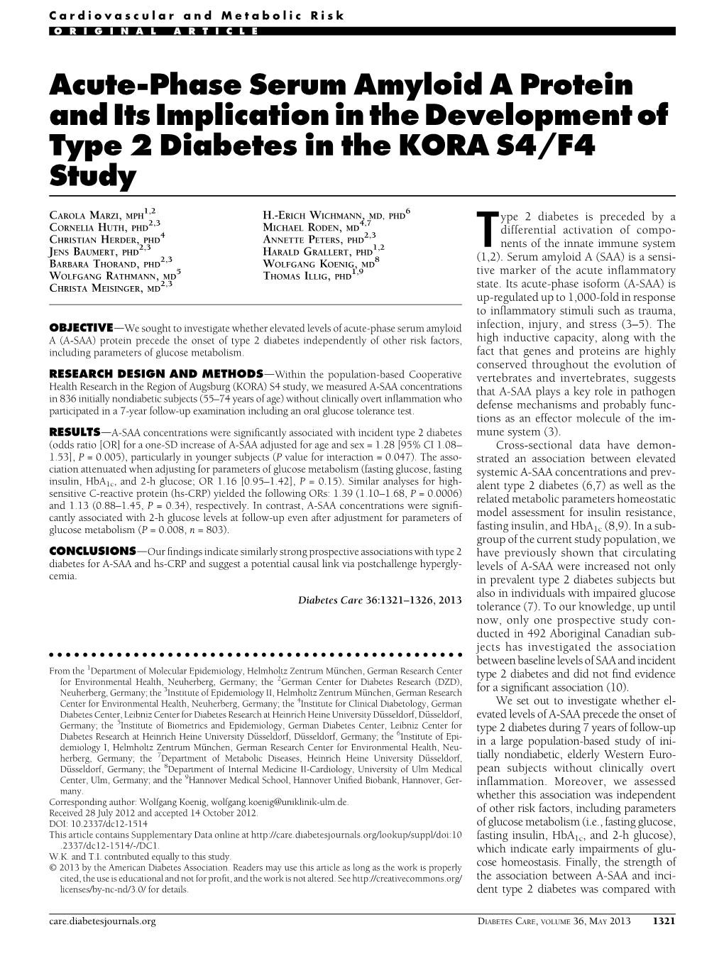 Acute-Phase Serum Amyloid a Protein and Its Implication in the Development of Type 2 Diabetes in the KORA S4/F4 Study