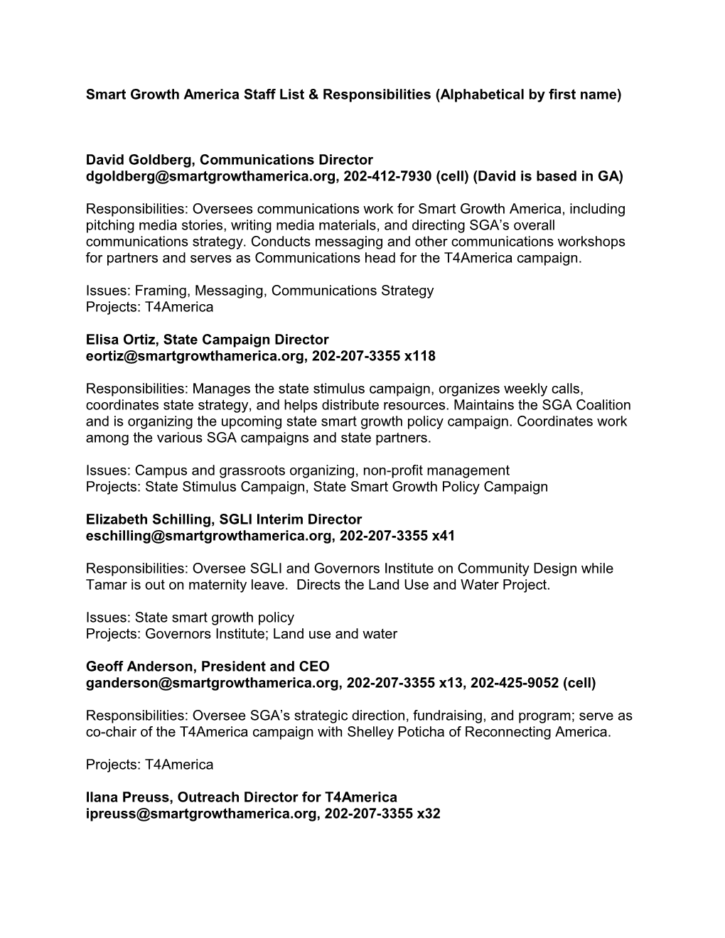 Smart Growth America Staff List & Responsibilities (Alphabetical by First Name)