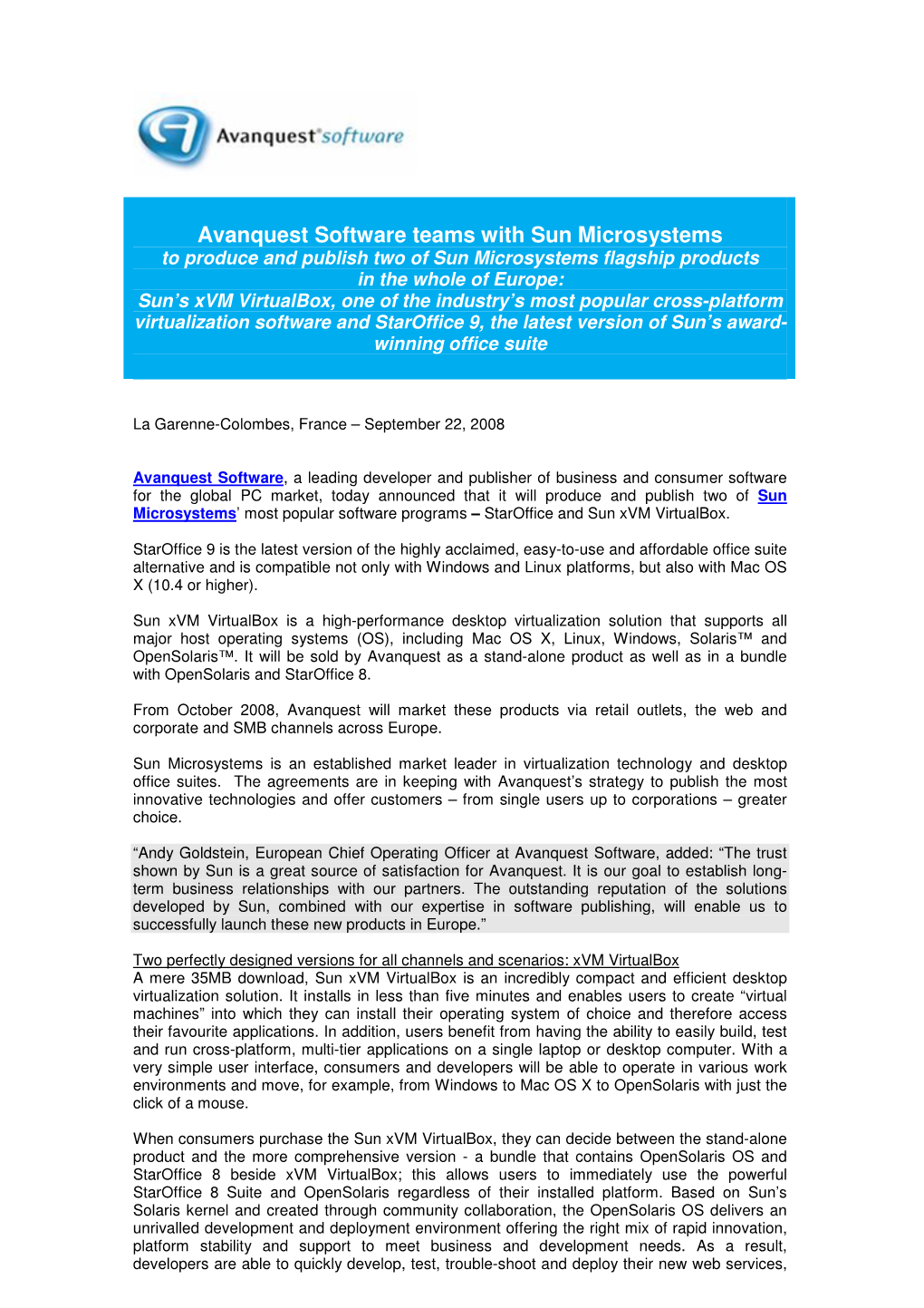 Avanquest Software Teams with Sun Microsystems