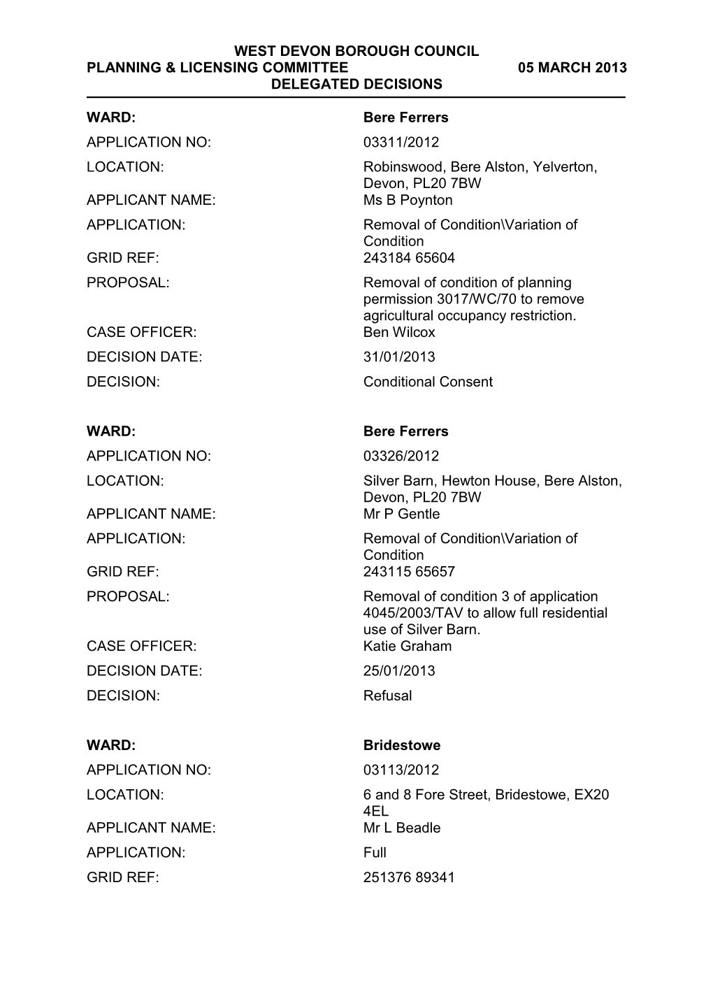 WEST DEVON BOROUGH COUNCIL PLANNING & LICENSING COMMITTEE 05 MARCH 2013 DELEGATED DECISIONS WARD: Bere Ferrers APPLICAT