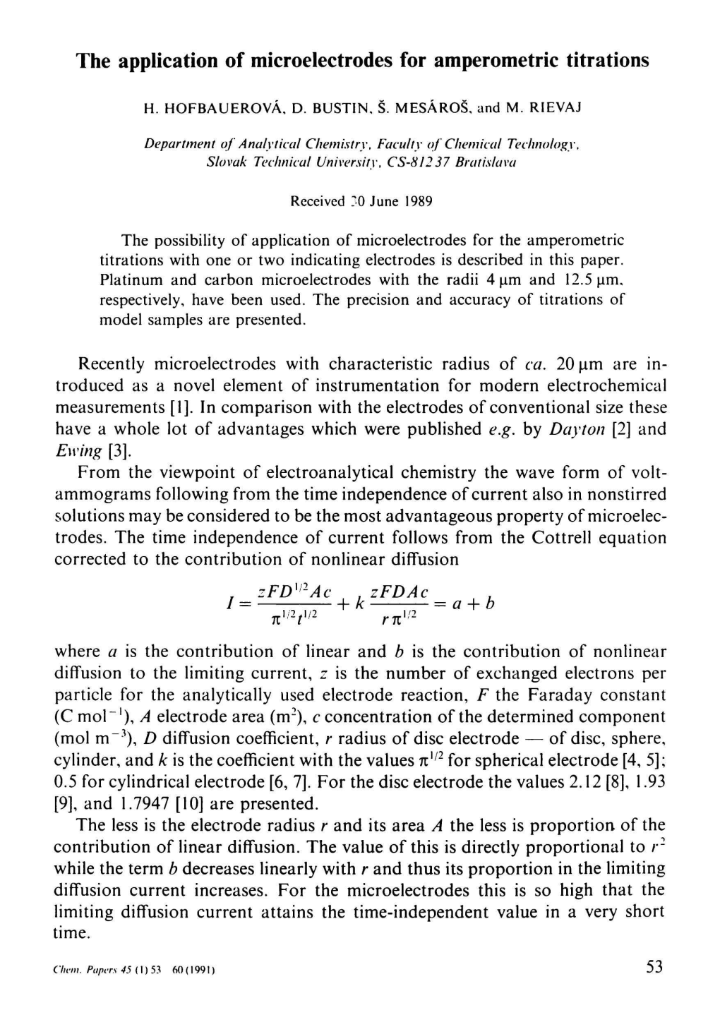 The Application of Microelectrodes for Amperometric Titrations