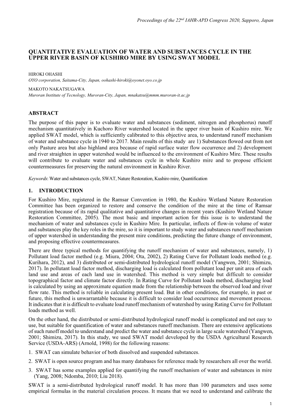 Quantitative Evaluation of Water and Substances Cycle in the Upper River Basin of Kushiro Mire by Using Swat Model