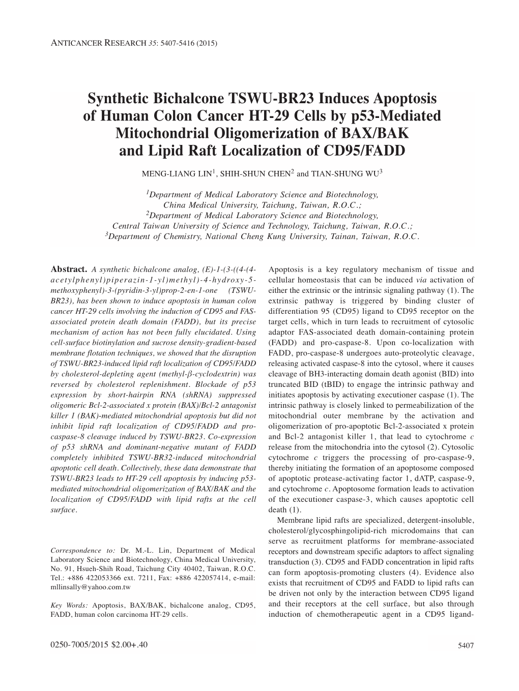 Synthetic Bichalcone TSWU-BR23 Induces Apoptosis of Human Colon Cancer HT-29 Cells by P53-Mediated Mitochondrial Oligomerization