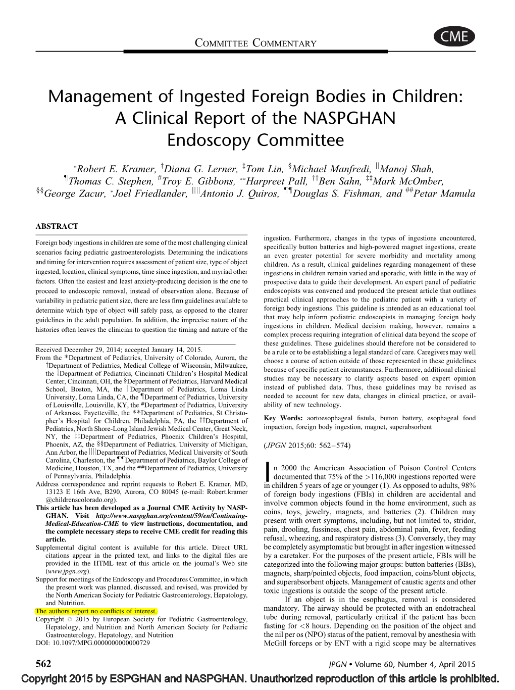 Management of Ingested Foreign Bodies in Children: a Clinical Report of the NASPGHAN Endoscopy Committee