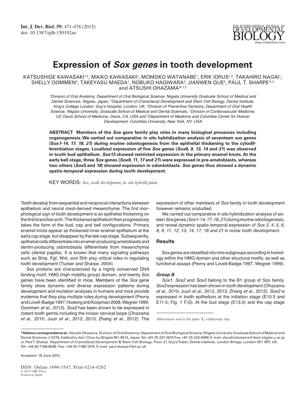 Expression of Sox Genes in Tooth Development