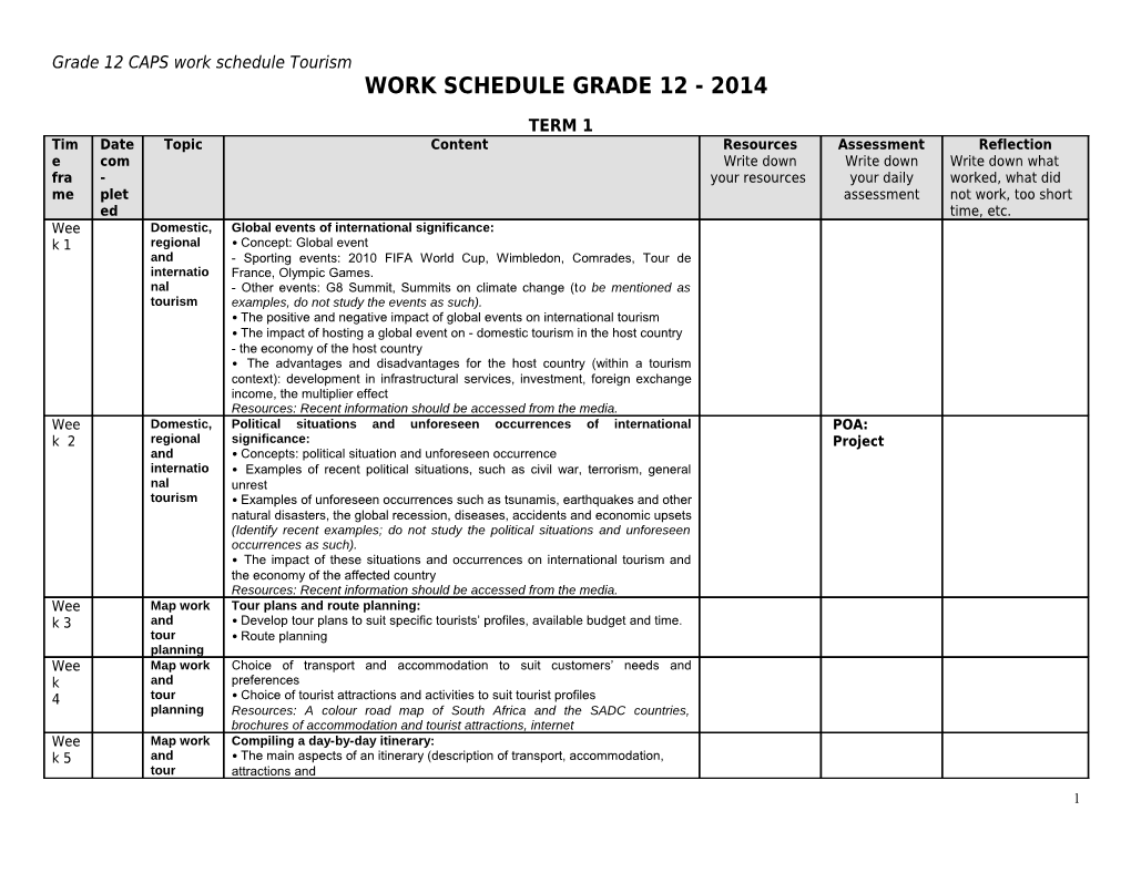 Grade 12 CAPS Work Schedule Tourism