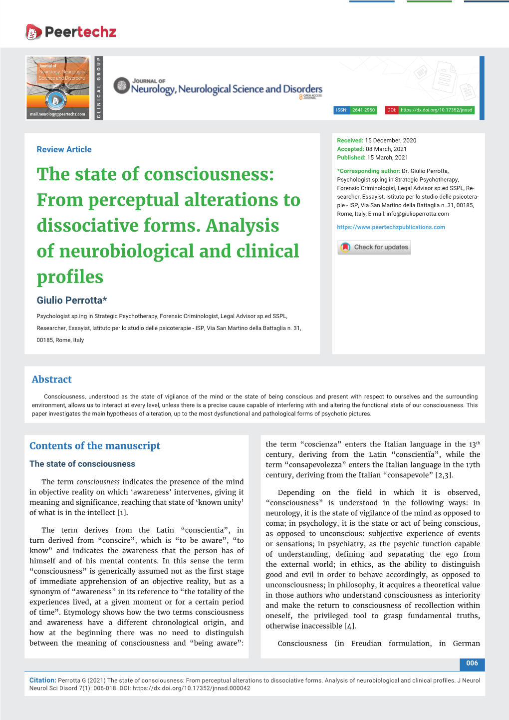 From Perceptual Alterations to Dissociative Forms. Analysis of Neurobiological and Clinical Profiles