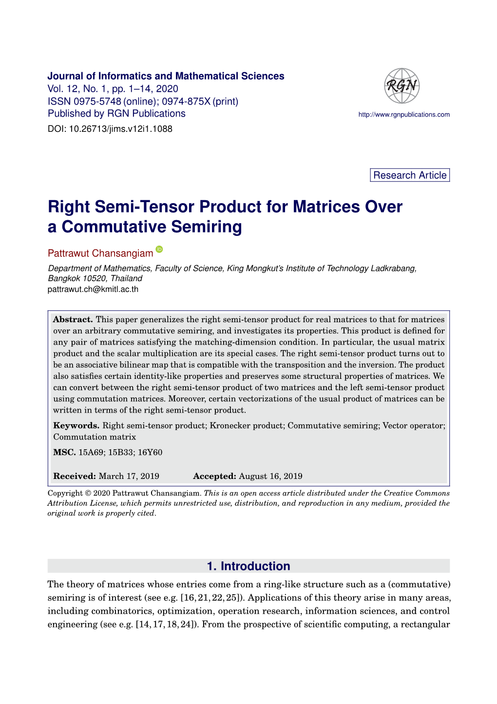 Right Semi-Tensor Product for Matrices Over a Commutative Semiring