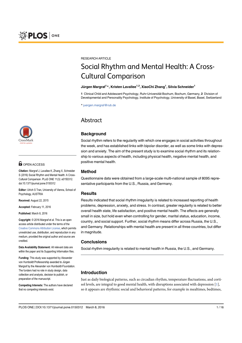 Social Rhythm and Mental Health: a Cross- Cultural Comparison