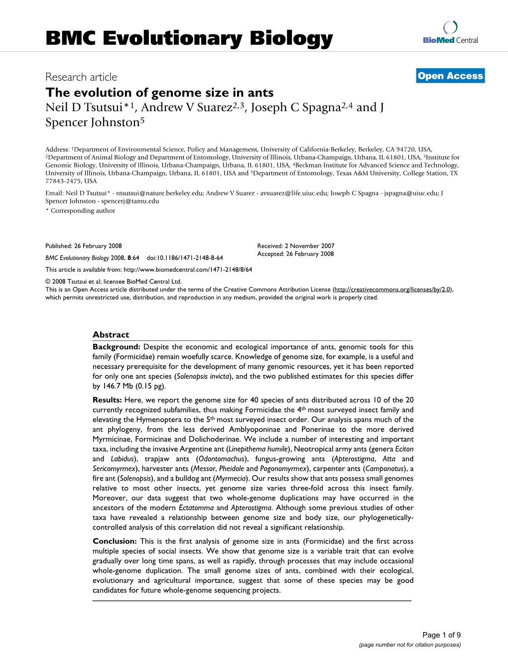 The Evolution of Genome Size in Ants Neil D Tsutsui*1, Andrew V Suarez2,3, Josephcspagna2,4 and J Spencer Johnston5