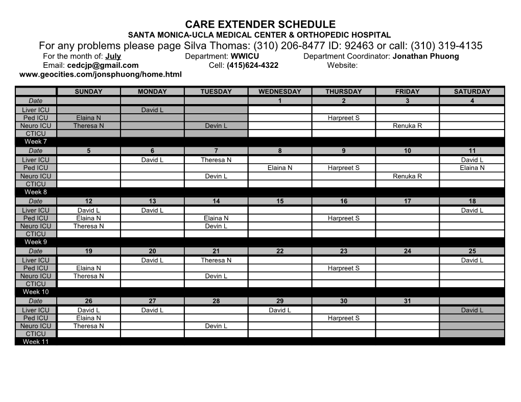 Care Extender Schedule