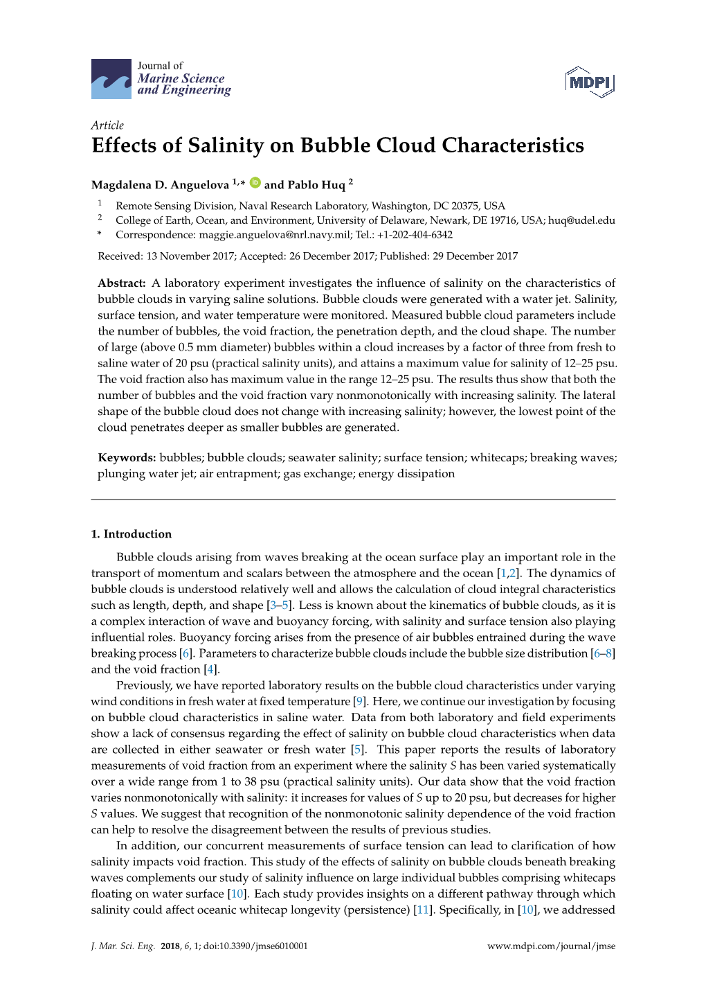 Anguelova, M.D. and Huq, P., 2018. Effects of Salinity on Bubble Cloud