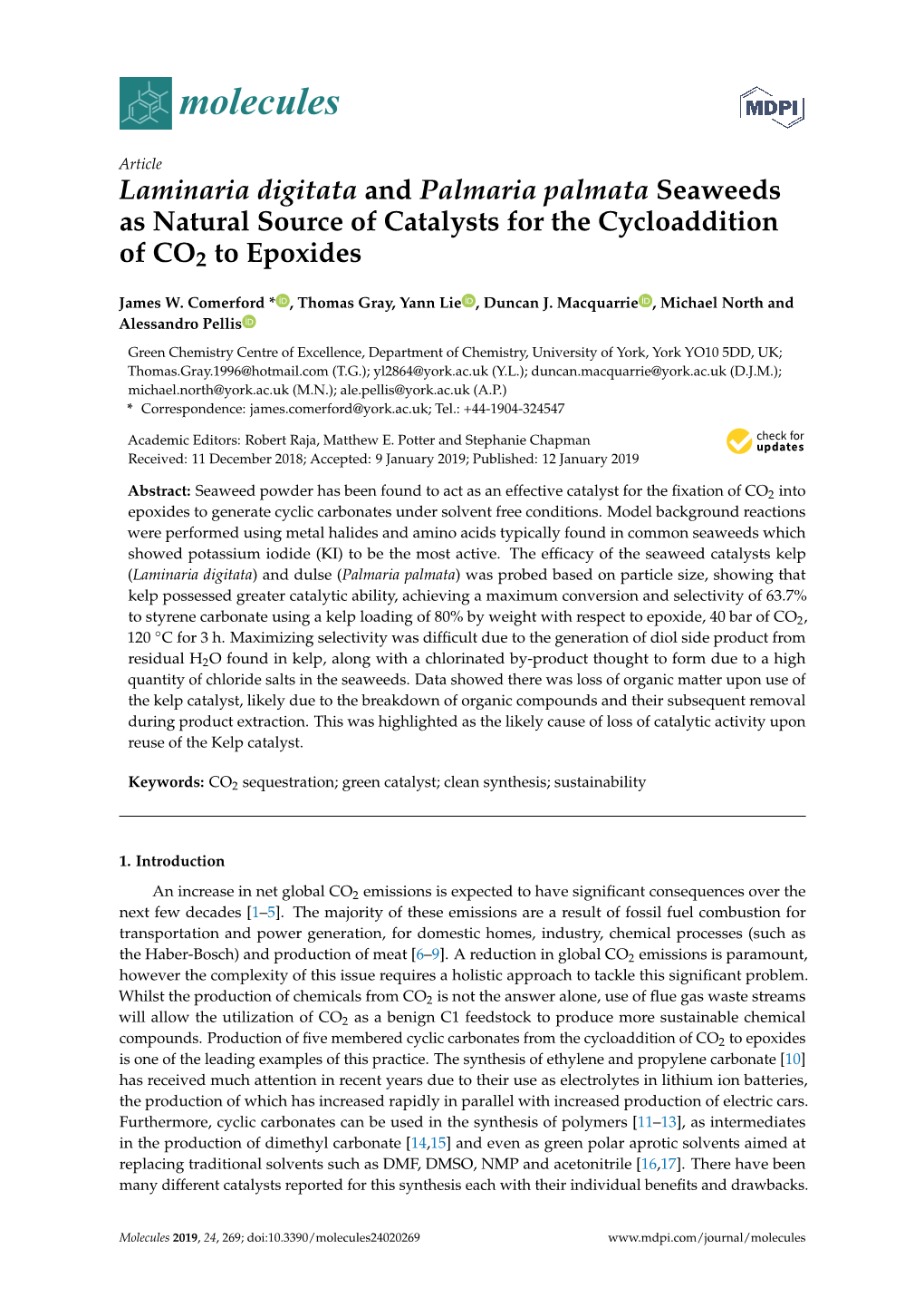 Laminaria Digitata and Palmaria Palmata Seaweeds As Natural Source of Catalysts for the Cycloaddition of CO2 to Epoxides