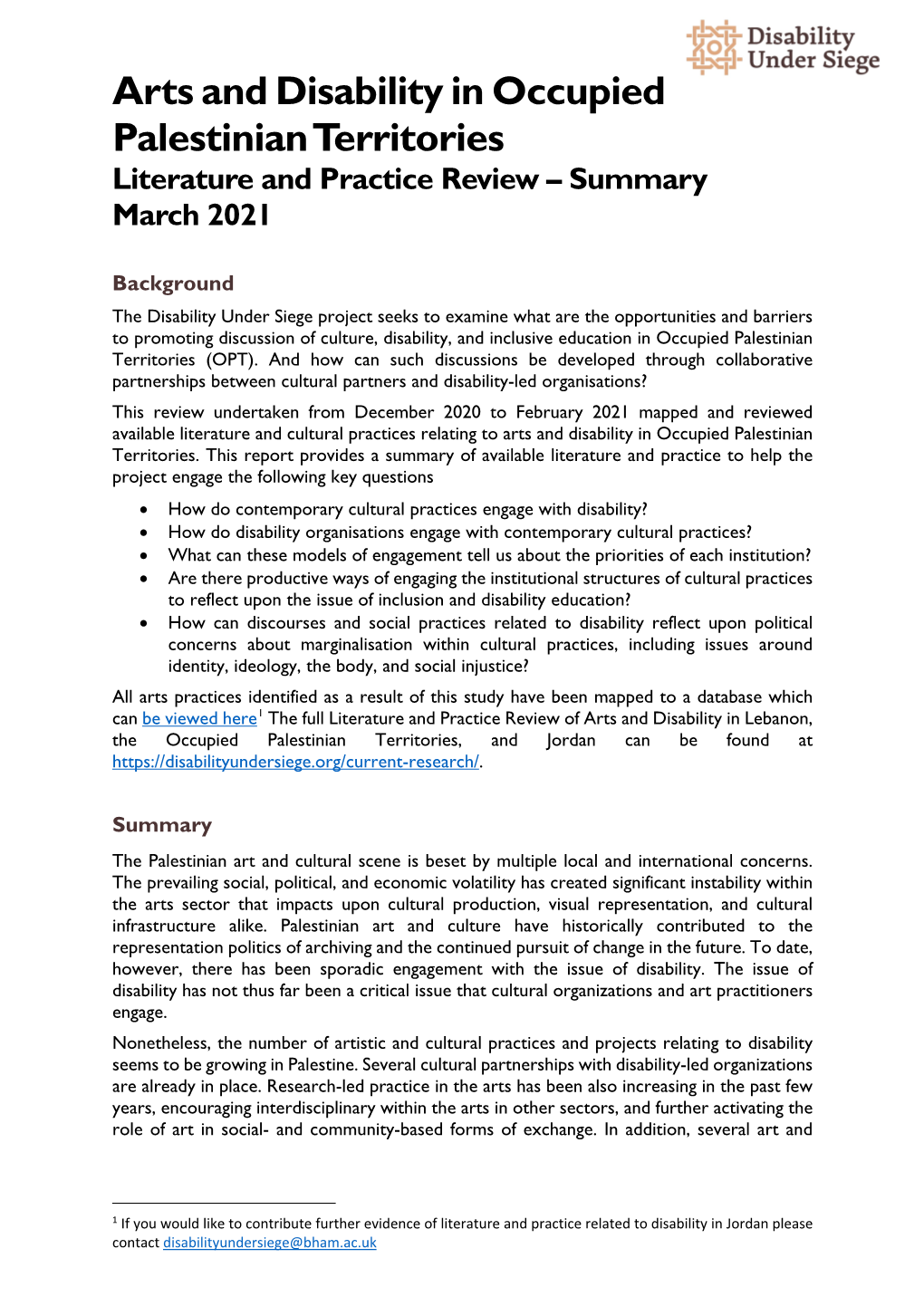 Arts and Disability in Occupied Palestinian Territories Literature and Practice Review – Summary March 2021