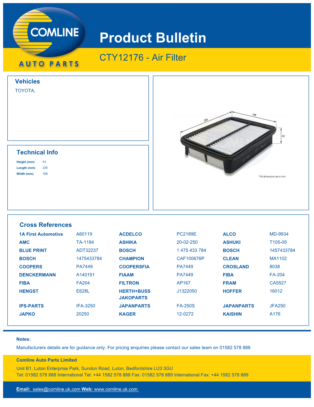 Product Bulletin CTY12176 - Air Filter