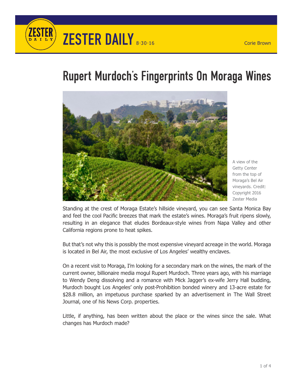 "Rupert Murdoch's Fingerprints on Moraga Wines" Zester Daily