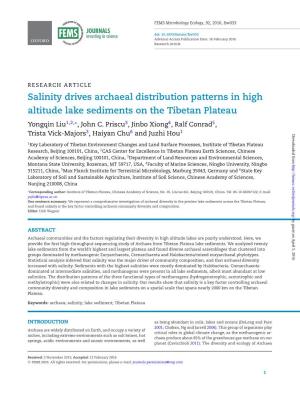 Salinity Drives Archaeal Distribution Patterns in High Altitude Lake Sediments on the Tibetan Plateau Yongqin Liu 1,2,∗, John C