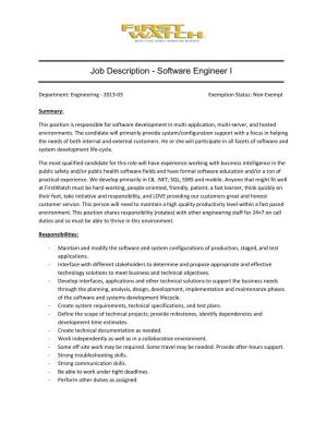Job Description - Software Engineer I