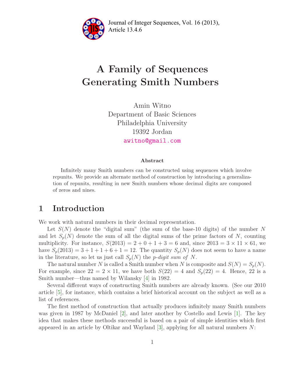 A Family of Sequences Generating Smith Numbers