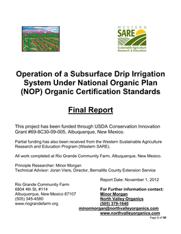 Operation of a Subsurface Drip Irrigation System Under National Organic Plan (NOP) Organic Certification Standards