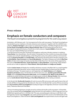 Emphasis on Female Conductors and Composers the Royal Concertgebouw Presents Its Programme for the 2018-2019 Season