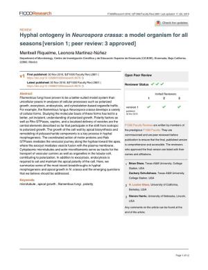 Hyphal Ontogeny in : a Model Organism for All Neurospora Crassa
