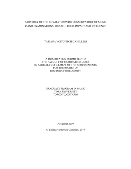 Conservatory of Music Piano Examinations, 1887-2015: Their Impact and Influence