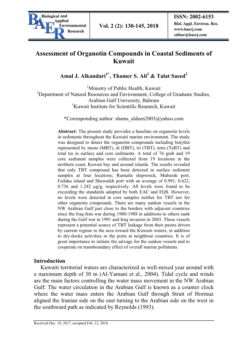 Assessment of Organotin Compounds in Coastal Sediments of Kuwait