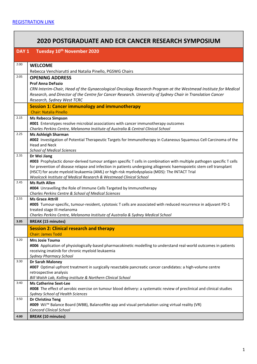 2020 POSTGRADUATE and ECR CANCER RESEARCH SYMPOSIUM DAY 1 Tuesday 10Th November 2020