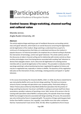 Control Issues: Binge-Watching, Channel-Surfing and Cultural Value
