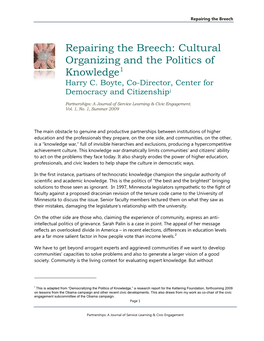 Repairing the Breech: Cultural Organizing and the Politics of Knowledge1 Harry C
