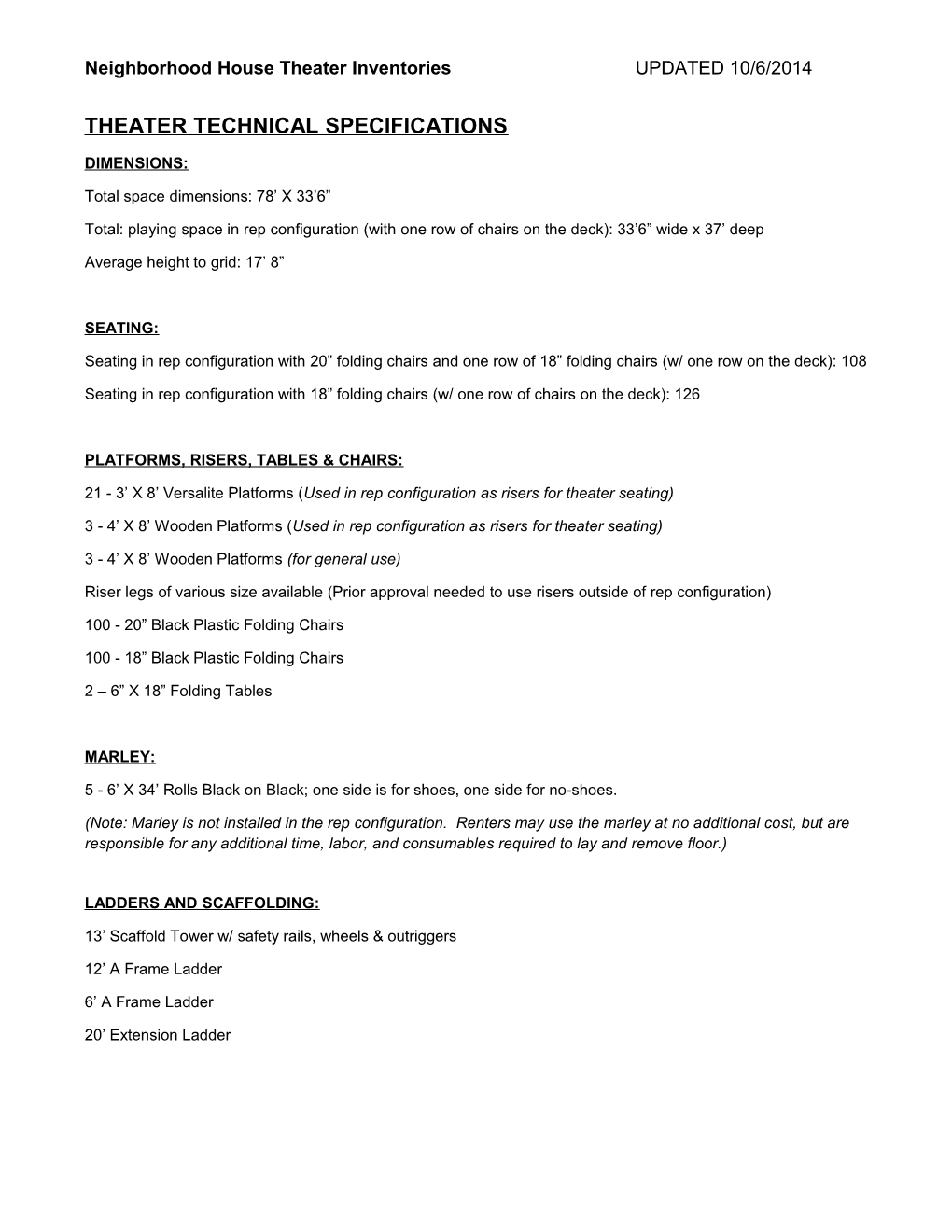 Neighborhood House Theater Technical Specifications