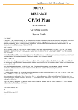 Digital Research : CP/M 3 System Manual Page 1