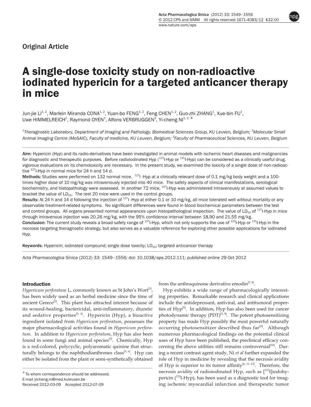 A Single-Dose Toxicity Study on Non-Radioactive Iodinated Hypericin for a Targeted Anticancer Therapy in Mice