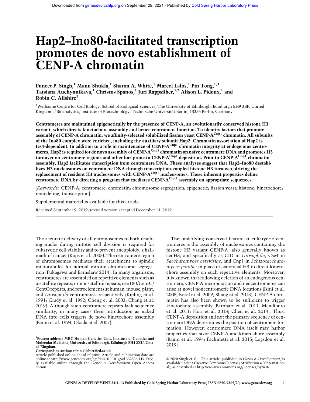 Hap2–Ino80-Facilitated Transcription Promotes De Novo Establishment of CENP-A Chromatin