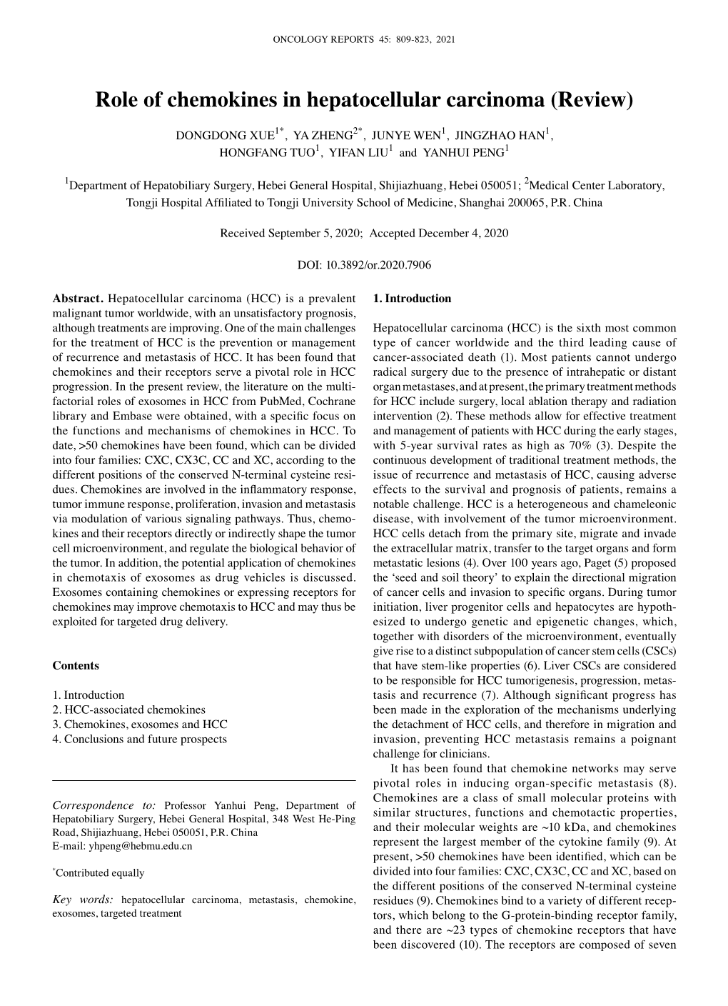 Role of Chemokines in Hepatocellular Carcinoma (Review)