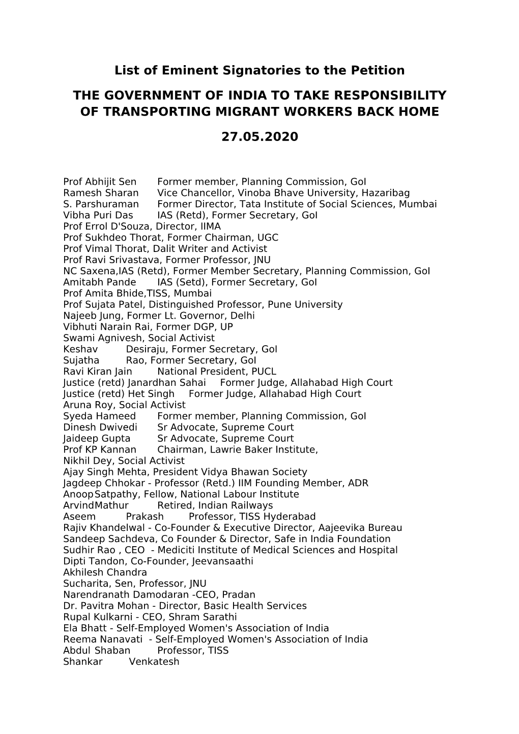 List of Eminent Signatories to the Petition