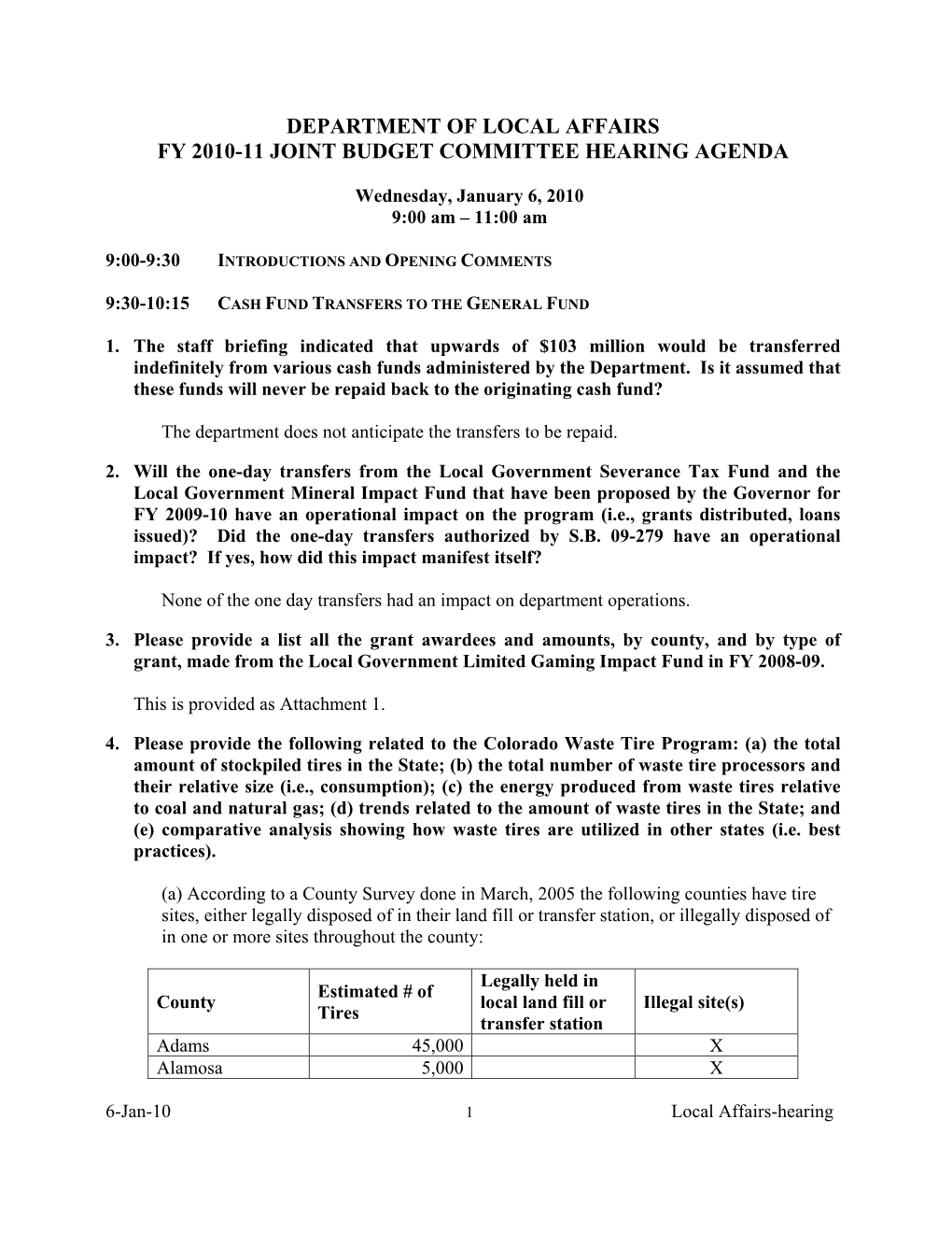 Department of Local Affairs Fy 2010-11 Joint Budget Committee Hearing Agenda