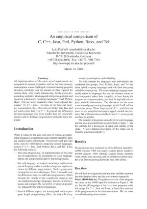An Empirical Comparison of C, C++, Java, Perl, Python, Rexx, and Tcl