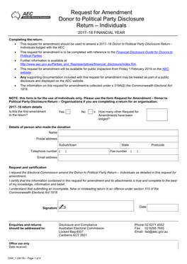 Donor to Political Party Amendment Form