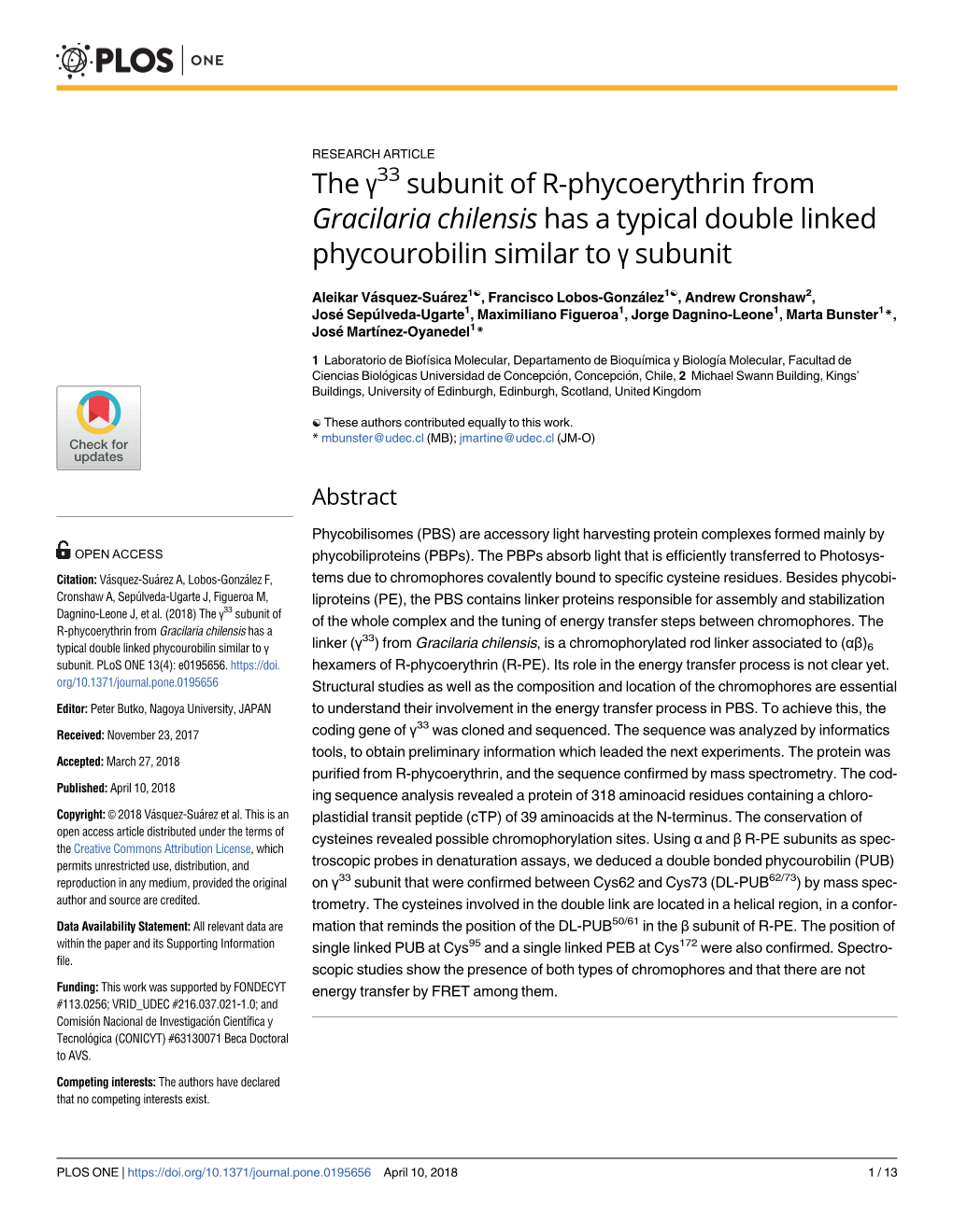 33 Subunit of R-Phycoerythrin from Gracilaria Chilensis Has a Typical Double Linked Phycourobilin Similar to Γ Subunit