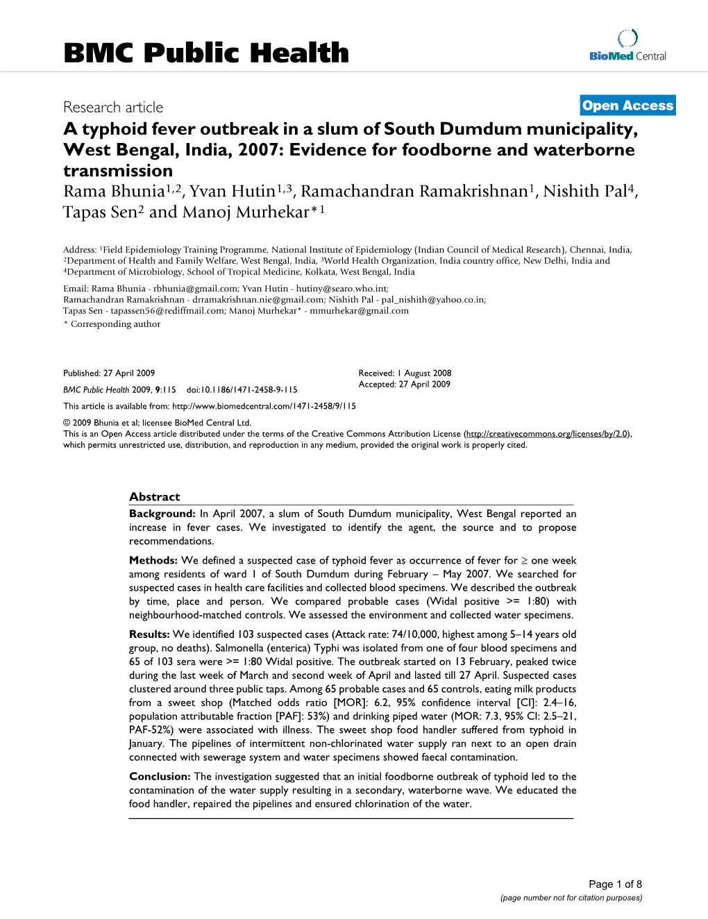 A Typhoid Fever Outbreak in a Slum of South Dumdum Municipality, West