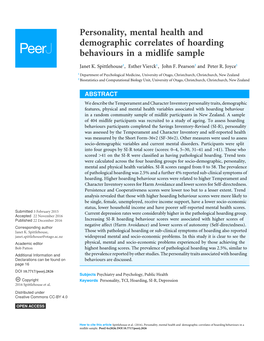 Personality, Mental Health and Demographic Correlates of Hoarding Behaviours in a Midlife Sample